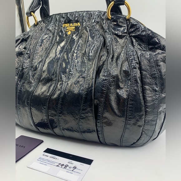 Auth Prada Black Patent Leather Whipstitch Tonal Stripe Satchel Lightweight - Picture 11 of 16